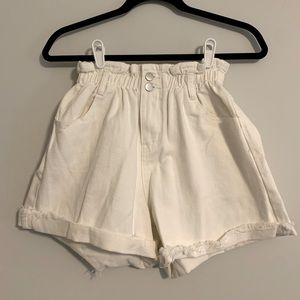 Princess Polly Open Road Paper-bag high waisted denim shorts - 8 - white